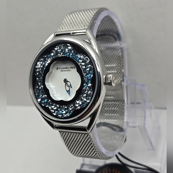 Stuhrling Lily 995M 38mm Flower Watch Silver Mother of Pearl Mesh New Battery main image 8